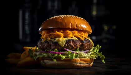 Grilled gourmet burger with cheese, onion, tomato on sesame bun generated by AI