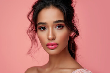 Fototapeta premium Beautiful Indian woman with pink lips and eye shadow on the pink background