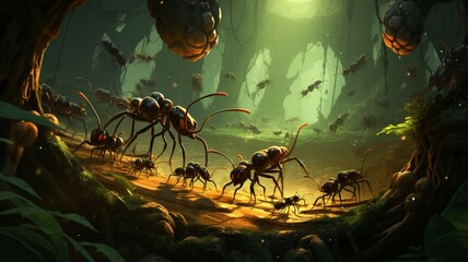 Jungle ants cinematic lighting fantasy background AI generated picture - obrazy, fototapety, plakaty