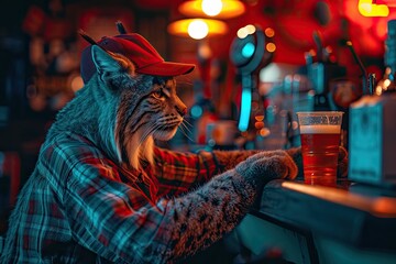 A cool cat struts down the street, donning a stylish red hat and sipping on a refreshing glass of beer, as passersby admire its effortless style