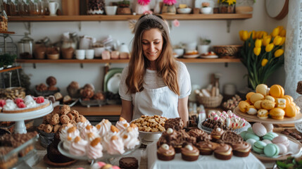 Delightfully Indulgent, A Woman Enveloped in Sweet Temptations at the Pastry Galore Table