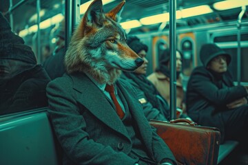 Fototapeta na wymiar A sophisticated wolf struts down the city street, donning a sharp suit and tie, exuding confidence and charm