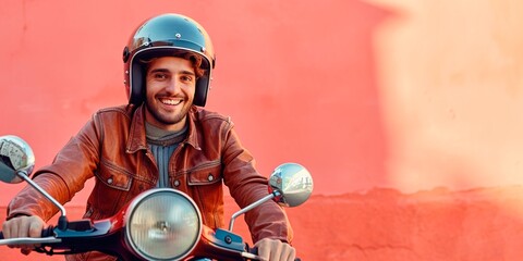 A vintage style biker with a helmet on, is riding a retro scooter with a peach fuzz colored wall in...