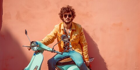 A young vintage style biker man is posing riding a retro vespa type motorcycle, with a peach fuzz colored wall in the background