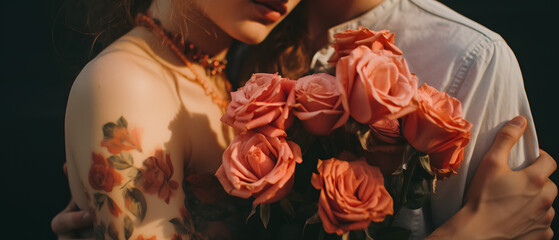 A couple celebrates Valentine's Day by expressing their affection by exchanging a beautiful bouquet of roses.