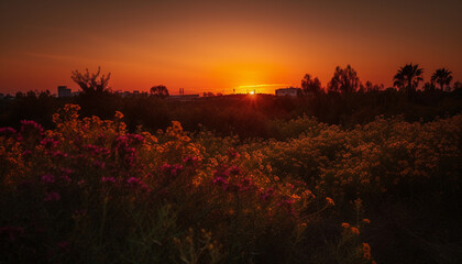 Sunset over a meadow, nature beauty in a tranquil scene generated by AI