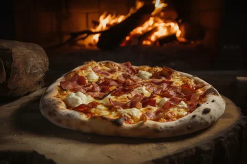 Foto op Plexiglas pizza in the wood oven, pizza on a wooden board © STOCKYE STUDIO