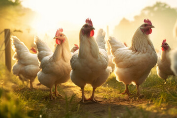 Fototapeta premium White hens walk freely at sunset