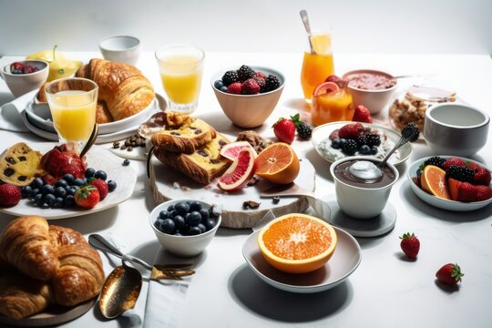breakfast with coffee, orange juice, croissant, pie, cake and fruits