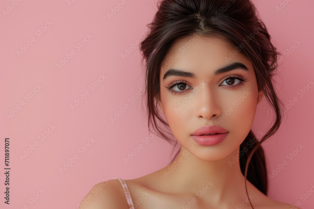 Wall mural Beautiful Indian woman with pink lips and eye shadow on the pink background with copy space