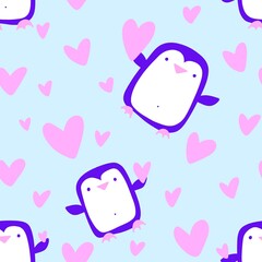 Valentines hearts seamless penguin and love pattern for wrapping paper and fabrics and linens and kids clothes