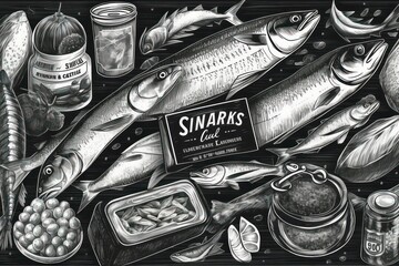 illustration of jars, tags, labels, cans of fish conserves