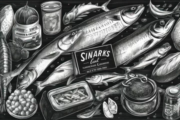 Foto op Plexiglas illustration of jars, tags, labels, cans of fish conserves © STOCKYE STUDIO