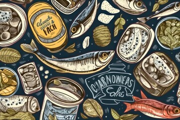 illustration of jars, tags, labels, cans of fish conserves - obrazy, fototapety, plakaty