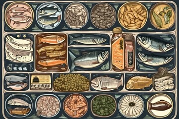 illustration of jars, tags, labels, cans of fish conserves - obrazy, fototapety, plakaty