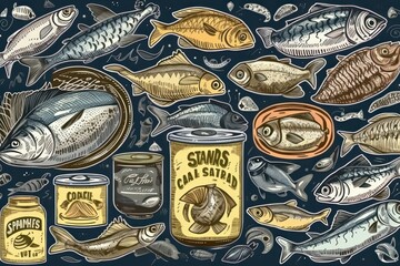 vintage illustration with fish cans jars
