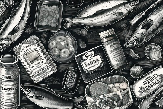 illustration of jars, tags, labels, cans of fish conserves