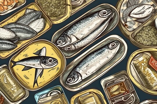 vintage illustration with fish cans jars