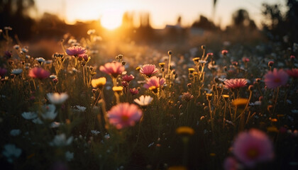 A vibrant meadow of wildflowers under the summer sunset generated by AI