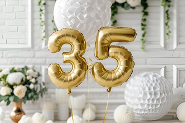 35. Hochzeitstag, 35. Hochzeitsjubiläum, Leinenhochzeit, "35" aus goldenen Heliumballons vor festlichem Hintergrund