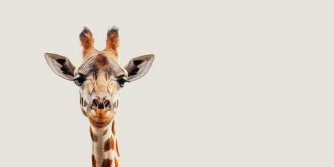 Obraz premium A happy giraffe offers copy space on the side against a clean, single-color background.Generative AI