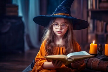 Little girl witch in witches hat reading magic book in library. Fairytale concept. Halloween concept