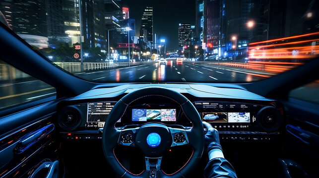 Gameplay of a Racing Simulator Video Game with Interface. Computer Generated 3D Car Driving Fast and Drifting on a Night Hignway in a Modern Megapolis City. VFX Image Edit. Third-Person View