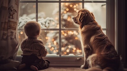 Toddler and a golden retriever looking out the window