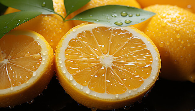 Freshness of citrus fruit, lemon slice, wet with yellow drop generated by AI
