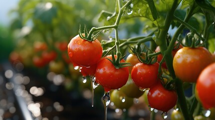 Close-up of ripe tomatoes on the vine with water drops