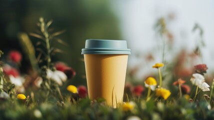 thermal mugs in rainbow colors and eco-friendly paper mugs on flower background