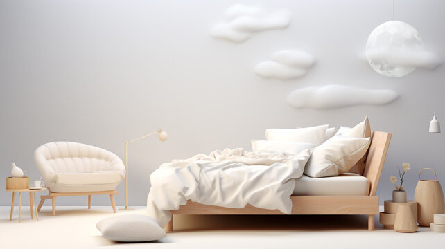 Sleep day, asleep and health problems, insomnia, soft bed time night lazy pillow comfort room, relax melatonin, woman man girl boy, moon star, banner copy space greeting card background.