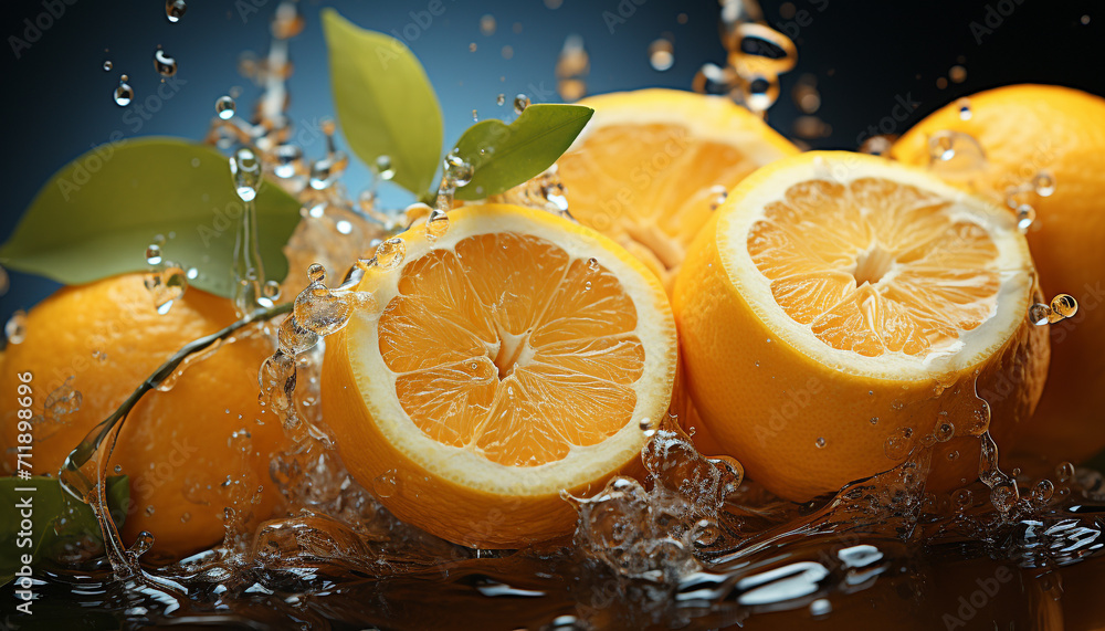 Poster freshness of citrus fruit, wet slice splashing in refreshing water generated by ai