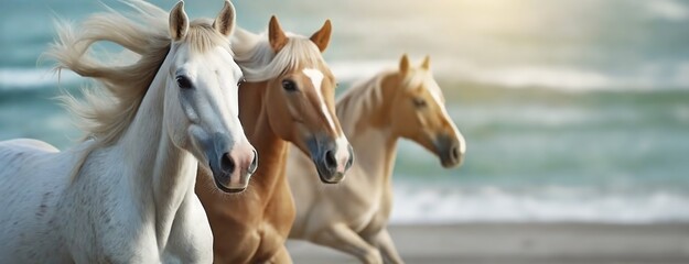 Galloping Horses by the Shore. Manes Flowing in the Wind. Three majestic mares gallop along the beach, freedom and the wild spirit of nature. Panorama with copy space. - obrazy, fototapety, plakaty