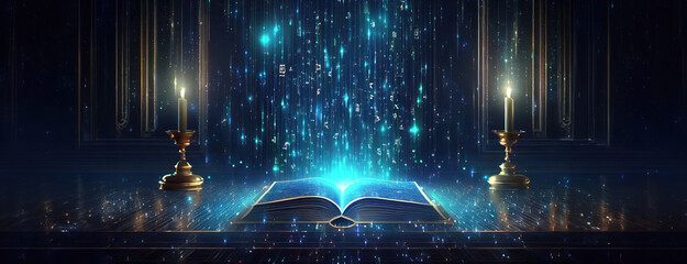 Enchanted book radiates mystical light between candlesticks. Scriptures lies open, emanating a mysterious blue glow that illuminates the surrounding darkness. Panorama with copy space. - obrazy, fototapety, plakaty