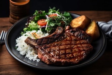 grilled steak, beef, meat, ribs with salad on plate