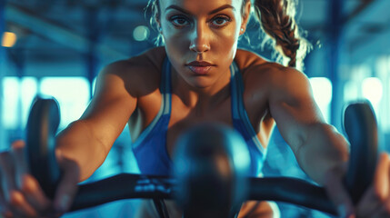Fototapeta na wymiar In this close-up shot, a determined woman focuses on her cardio workout while using an exercise bike, showcasing her dedication to her health and overall wellbeing.