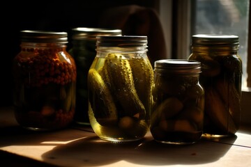 glass jars with pickled cucumbers, jars with vegetables