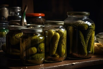 glass jars with pickled cucumbers, jars with vegetables