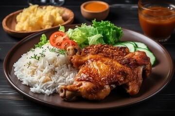 chicken with vegetables, wings, chicken with potatoes, rice, salad plate
