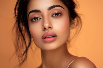 Beautiful Indian woman with peach lips and eye shadow on the peach background