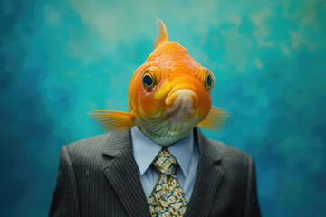 Goldfish dressed in a fashionable three-piece suit with a unique fin-patterned tie, showcasing a perfect blend of aquatic charm and contemporary style in a captivating fashion portrait.