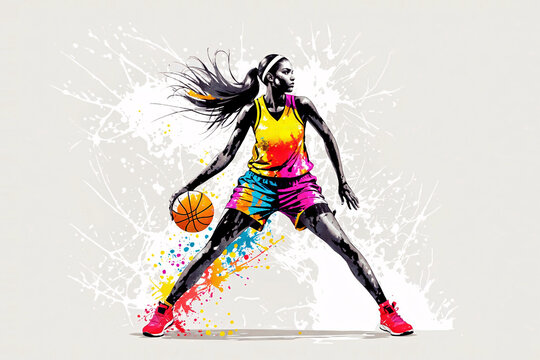 Basketball player illustration. A woman in a yellow and purple uniform is holding a basketball and has paint splatters on her. The background is a colorful spray of paint.
