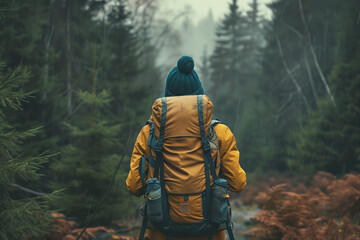 Lifestyle image, solo traveler backpacking through a forest, adventurous and free spirited. powerful woman. love of nature. free spirit - obrazy, fototapety, plakaty