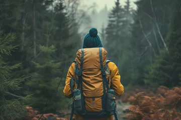 Foto op Canvas Lifestyle image, solo traveler backpacking through a forest, adventurous and free spirited. powerful woman. love of nature. free spirit © Enrique