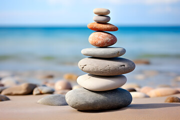 Fototapeta na wymiar Rock balancing. Stones piled in balanced stacks in front of blurry beach background