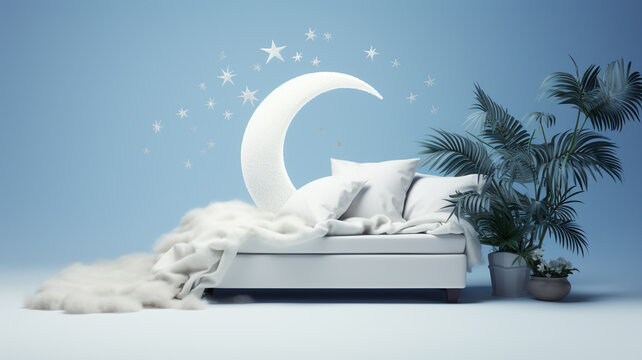 Sleep day, asleep and health problems, insomnia, soft bed time night lazy pillow comfort room, relax melatonin, woman man girl boy, moon star, banner copy space greeting card background.