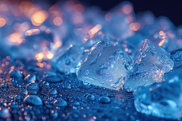 sharp angles of the ice blocks cut through the calm, their shiny clarity illuminated with sparkling light, natural background, ice pieces in the light, close up