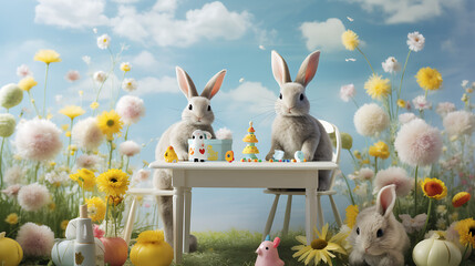  a family of Easter bunnies playing in a meadow adorned with blooming flowers, offering a heartwarming and realistic wallpaper capturing the essence of the season in HD