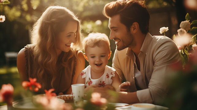  A happy family enjoying a picnic in a picturesque garden, with parents engaging with their baby in a natural and heartwarming HD image